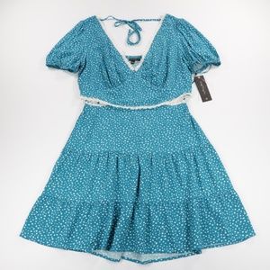 City Triangles Women's V Neck Puffed‎ Sleeve Dot Woven Flare Dress Green Size L